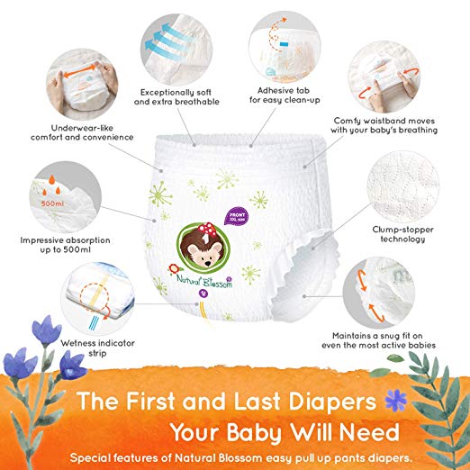 72 Count Natural Blossom Pull Up Pants Baby Diapers Size 7 Super Soft Hypoallergenic Ultra-Slim Disposable Diaper for Sensitive Skin 37lbs and Over 