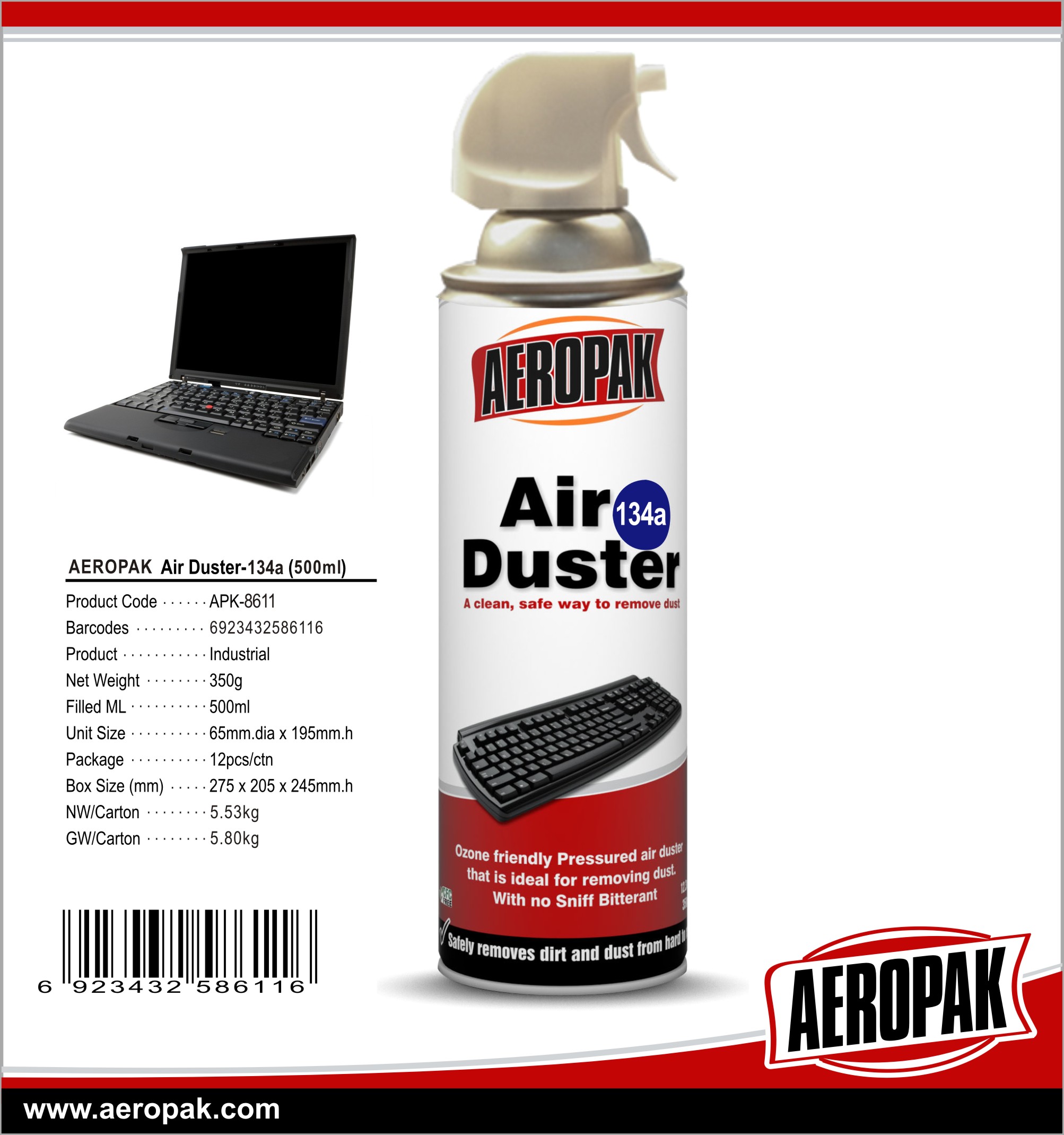 AEROPAK R134a Air Gas Duster For Office Equipment