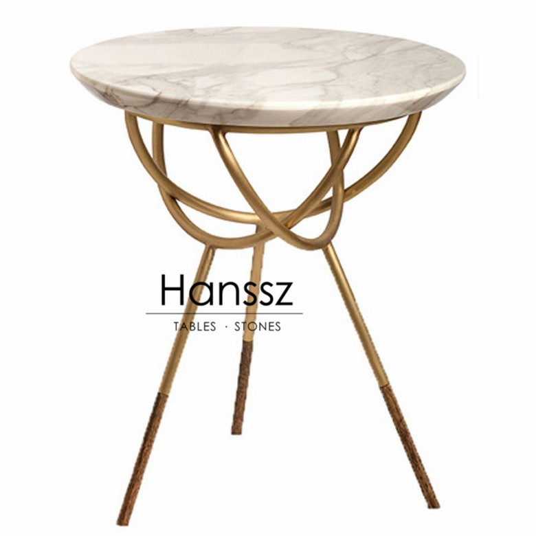 Golden Frame Round White Marble Side, White Stone Top Side Table