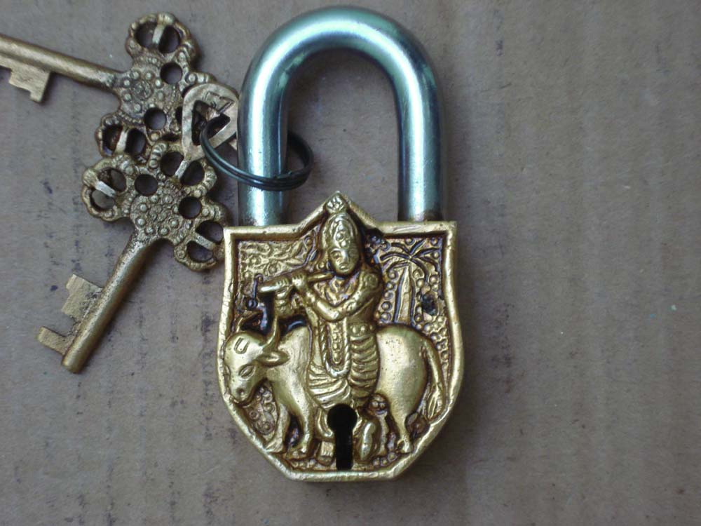 Antique Brass Pad Lock With Lord Krishna Sculpture Pad Locks