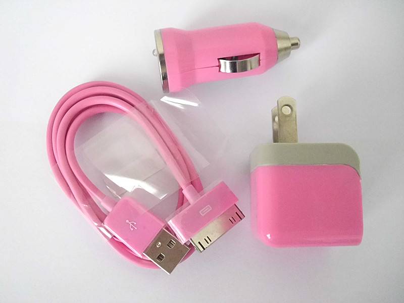 Pink Mini Car Charger + Travel Charger + USB Data Cable For IPhone 3GS ...