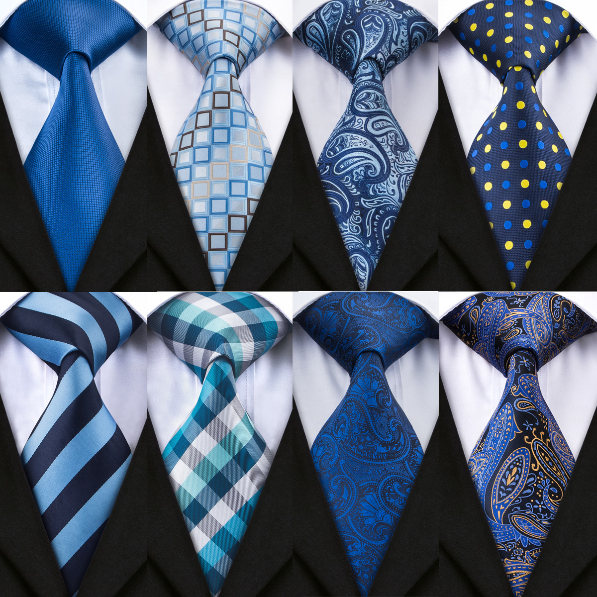 DiBanGu 20 Styles Blue Men's Tie Set With Hanky Cufflinks 100% Silk ...