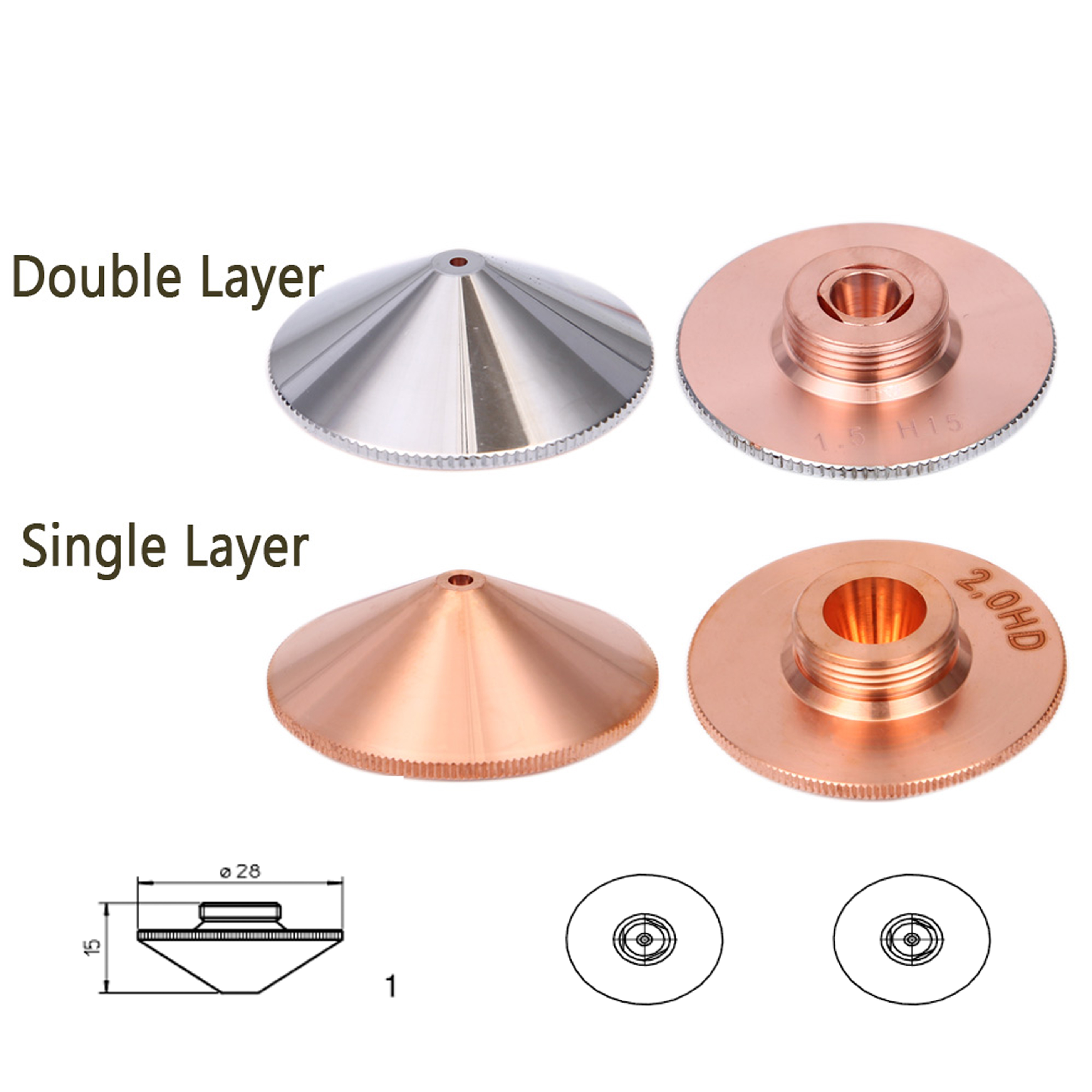Double Layer, Caliber:1.2 JHCHMX Fiber Laser Cutting Nozzles Dia.28mm H15 M11 Single/Double Layer 0.8-3.0mm For Precitec WSX Han's Fiber Laser Cutting Machines 