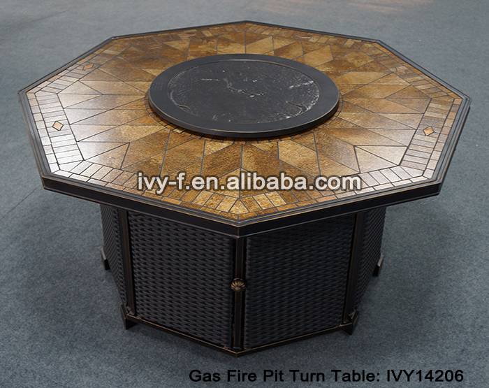 Outdoor Hexagonal Table Gas Fire Pit Turn Table In Cast Aluminum